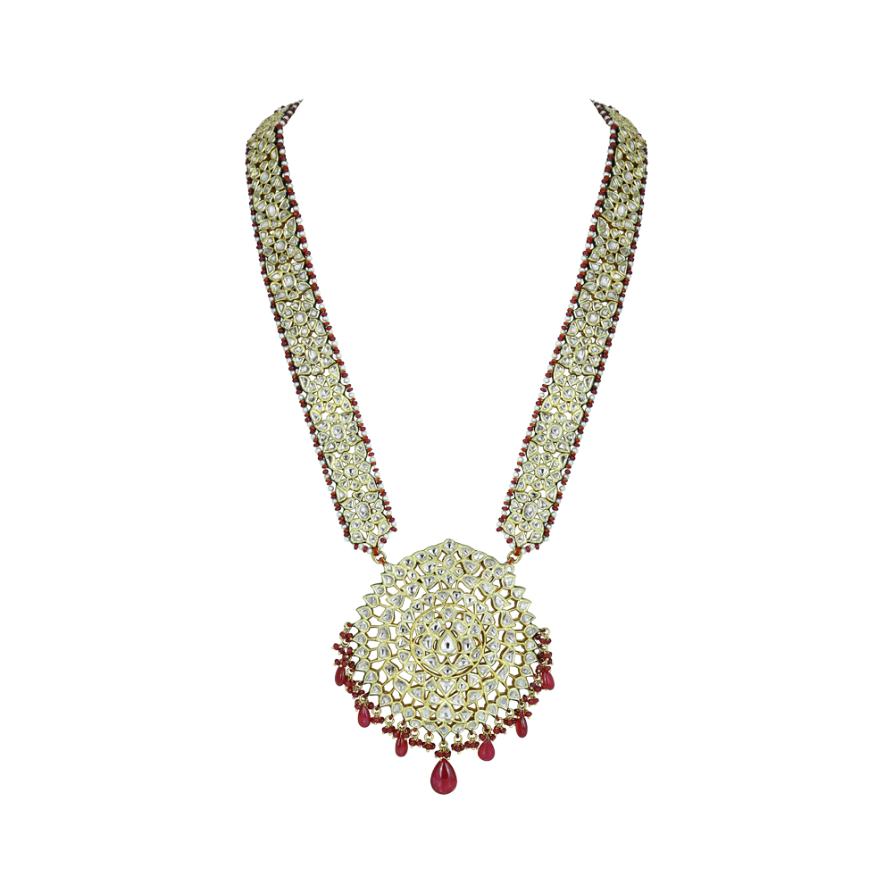 Ruby Beaded Polki Pendant with Intricate Circular Design